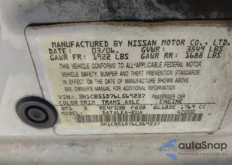 2006 Nissan Sentra 1.8S from USA, damaged, VIN 3N1CB51D76L569237